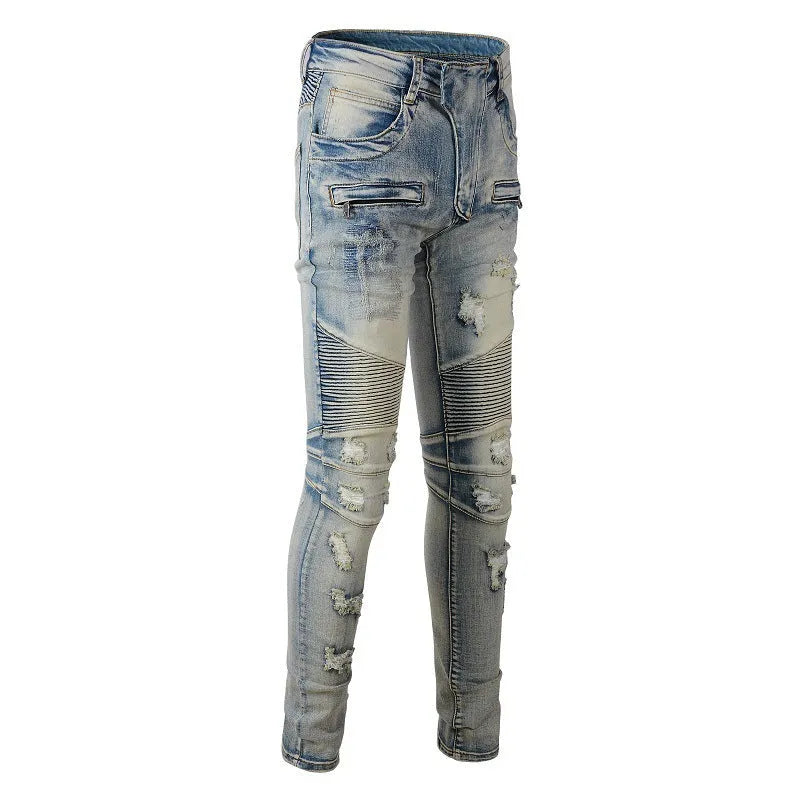 Light blue distressed slim fit men's jeans with hand-frayed detailing and stretch denim fabric
