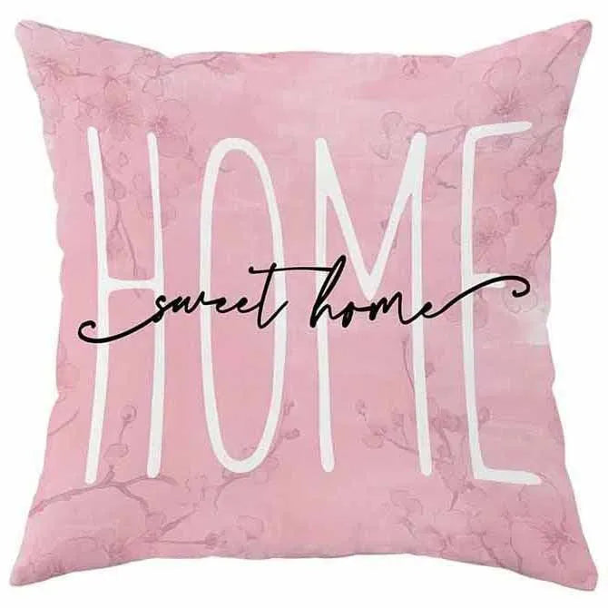 45cm square short velvet cushion cover with spring cherry blossom and letter print in assorted colours.
