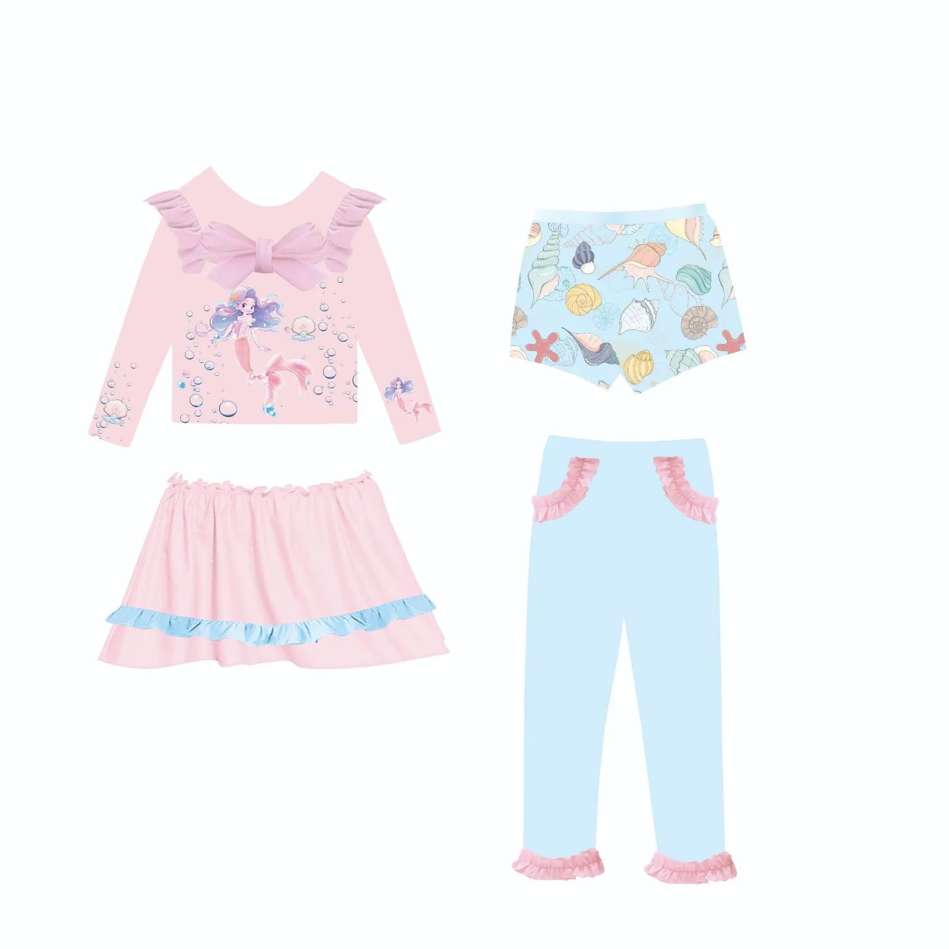 Girl's gilded colour print mermaid swimsuit set with top, skirt, trousers, and shorts