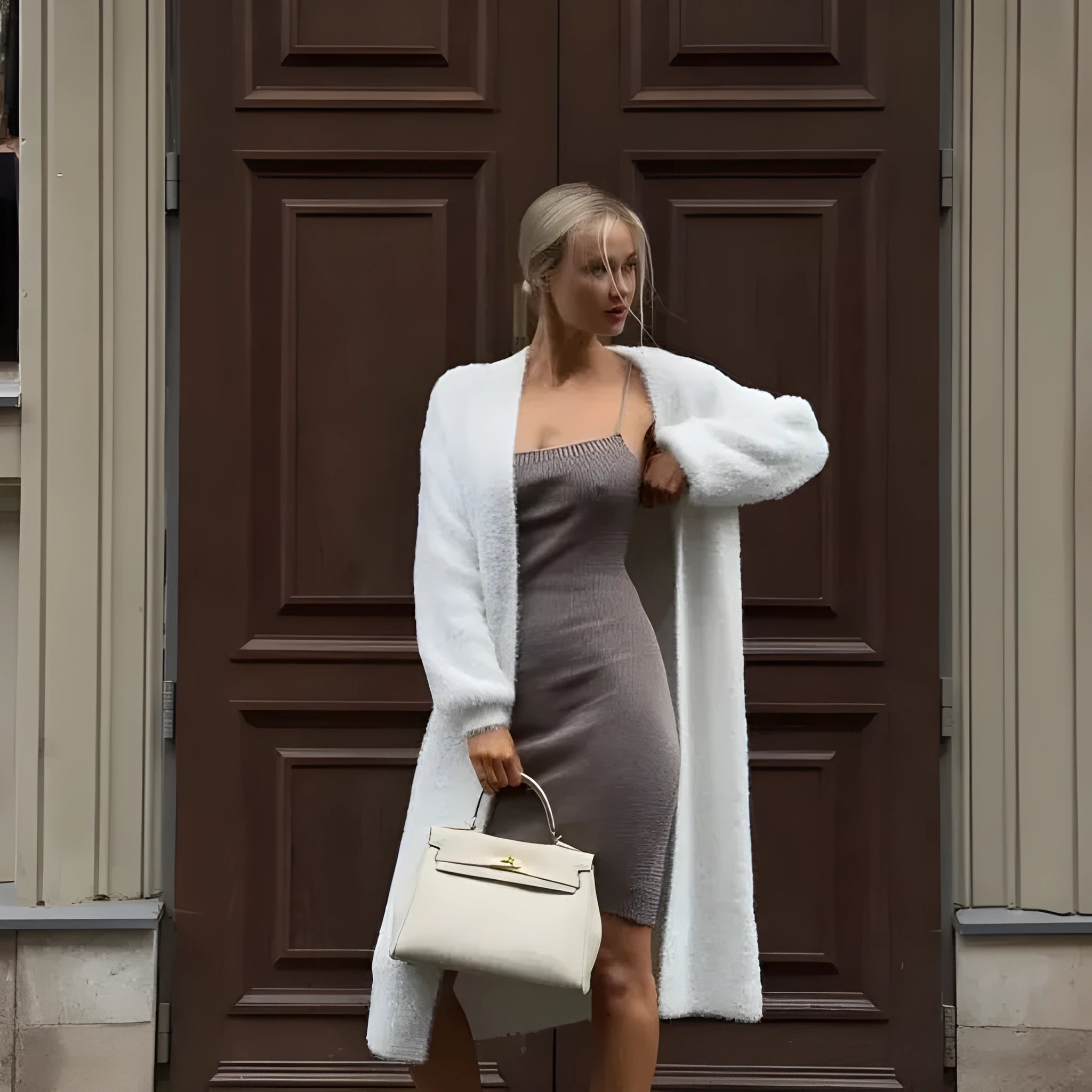 Long white knitted cardigan jacket with long sleeves on a hanger