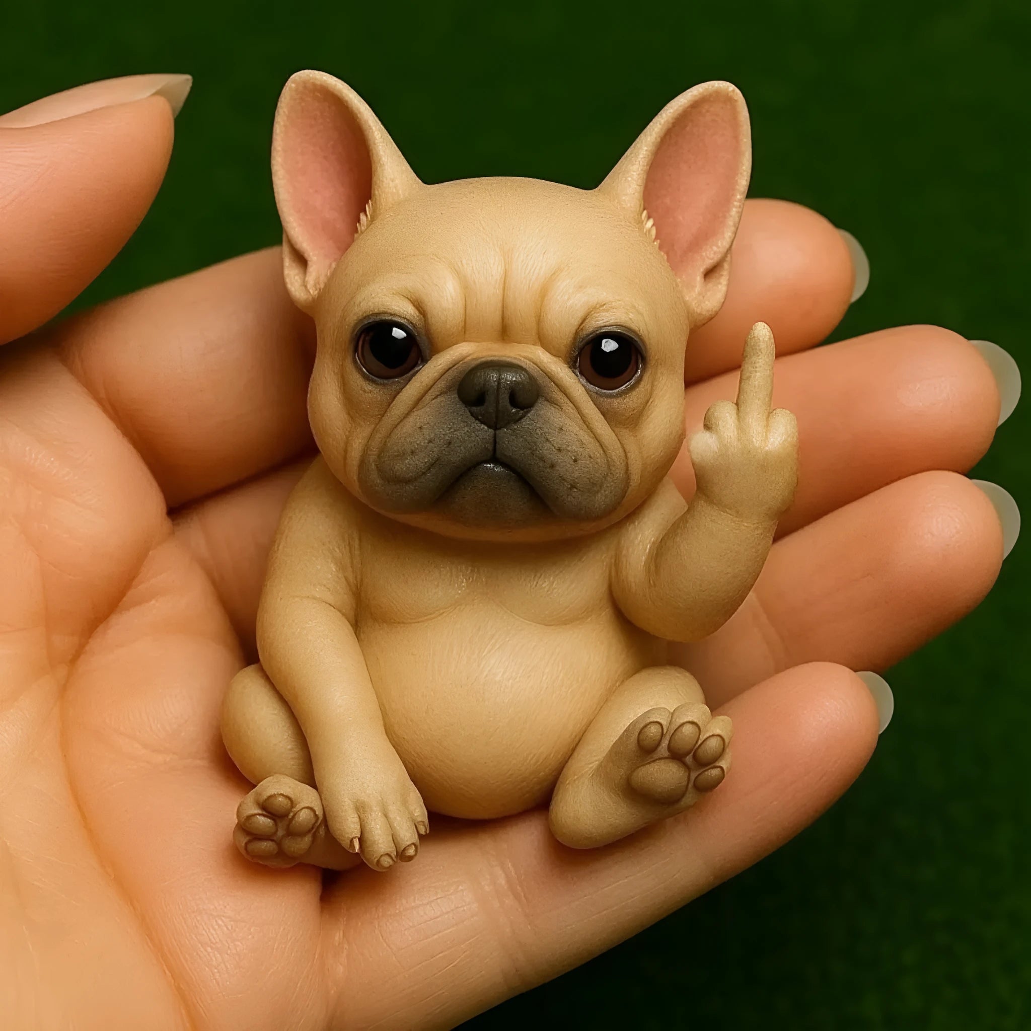 Mini resin animal doll with raised middle finger in dog, cat, elephant, frog, mouse, turtle, or Highland cattle style.