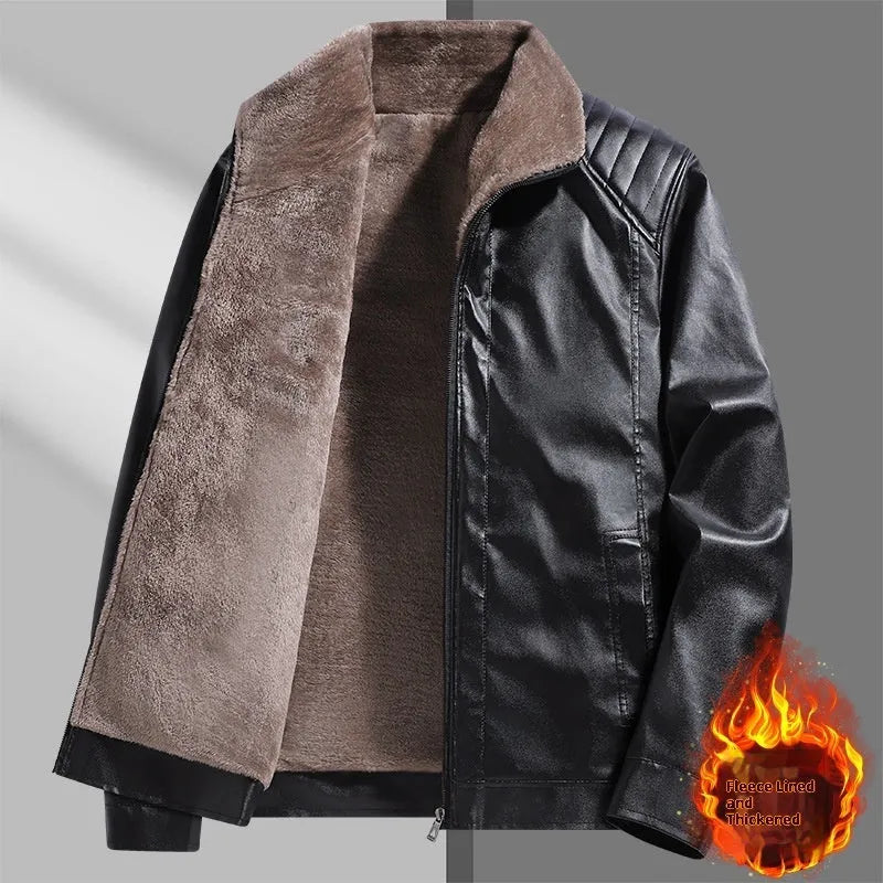Men's fleece-lined thickened real leather jacket in black, casual leisure outerwear