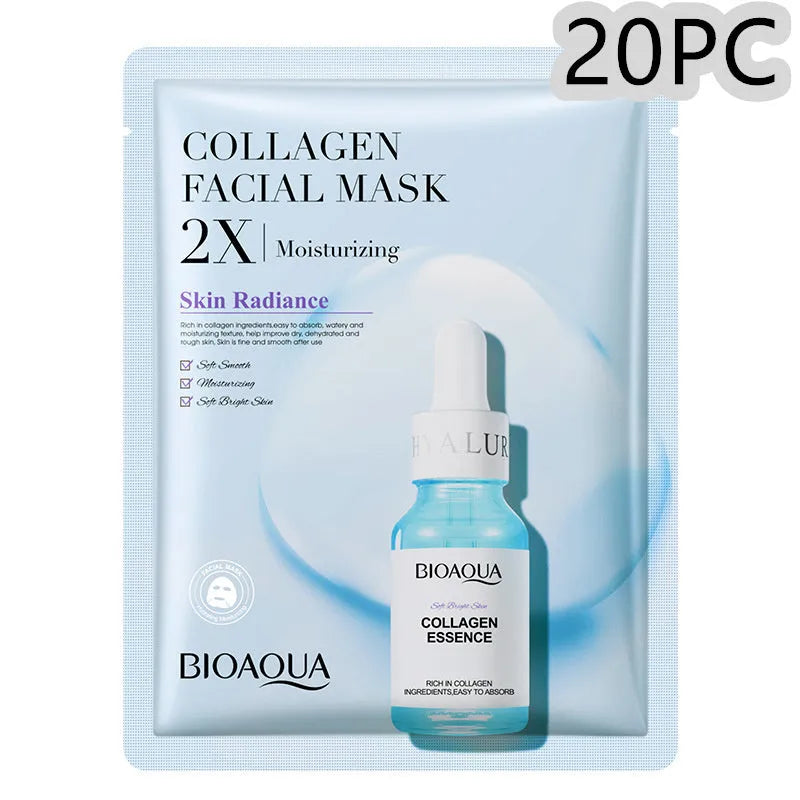 Collagen and Hyaluronic Acid facial sheet mask set with 30g gel formula on white background