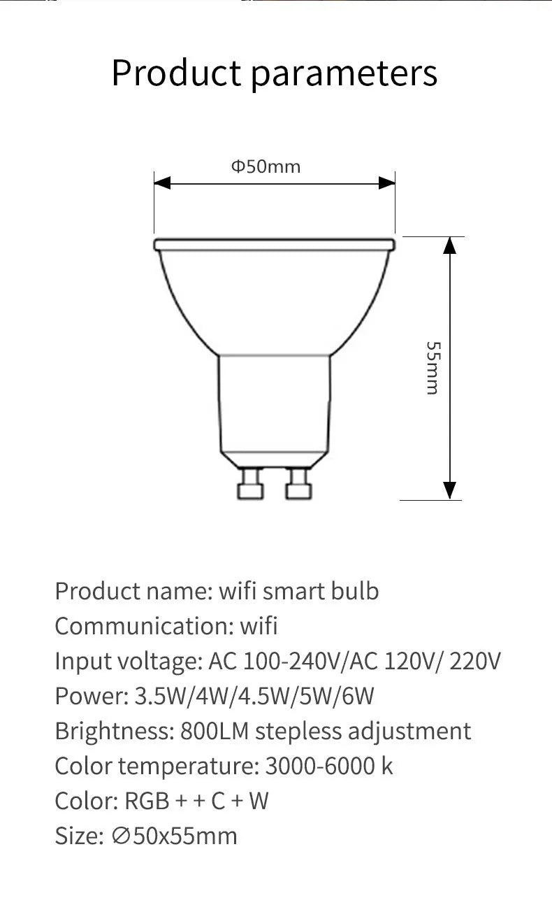 Smart RGBCCT GU10 LED spotlight with WiFi control and colour changing capability