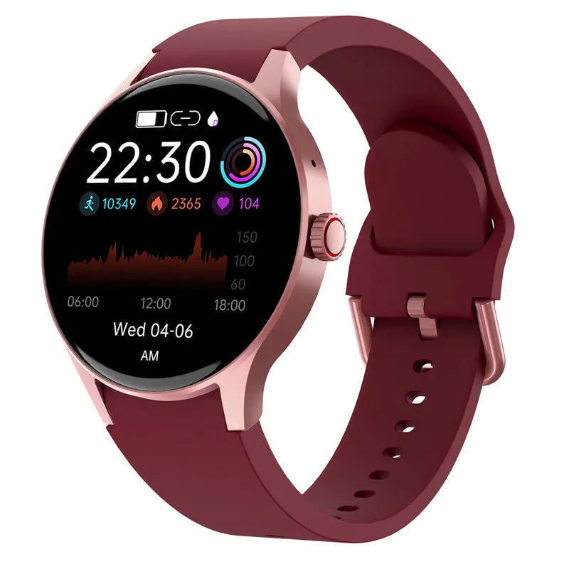 Smart Bluetooth sport watch with circular touchscreen display showing fitness metrics on wrist