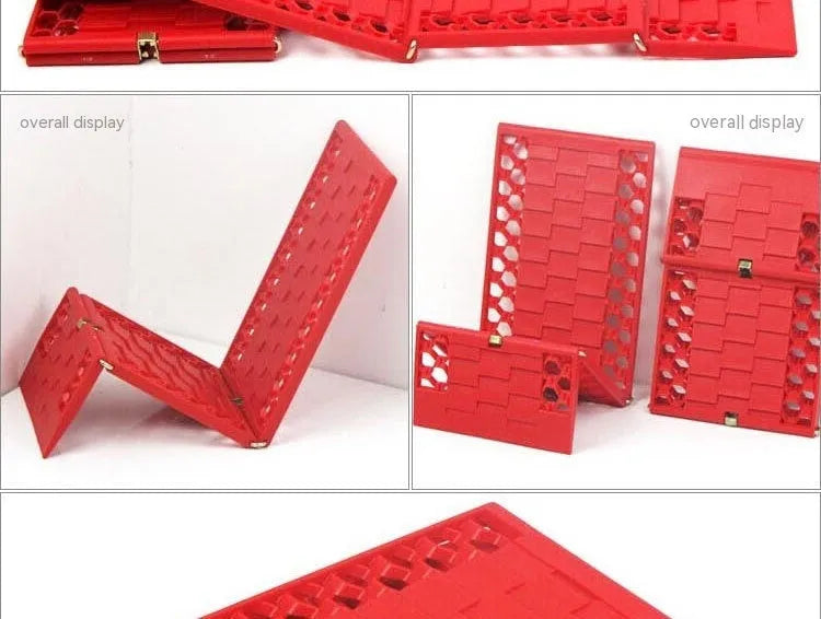 Folding anti slip mud snow rescue boards for automobiles in orange and red colours showing folded and unfolded positions