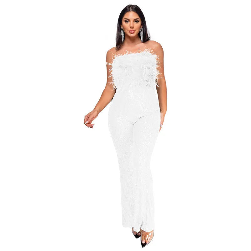 Women's sleeveless backless jumpsuit with flared legs and sequin detailing in wine red colour