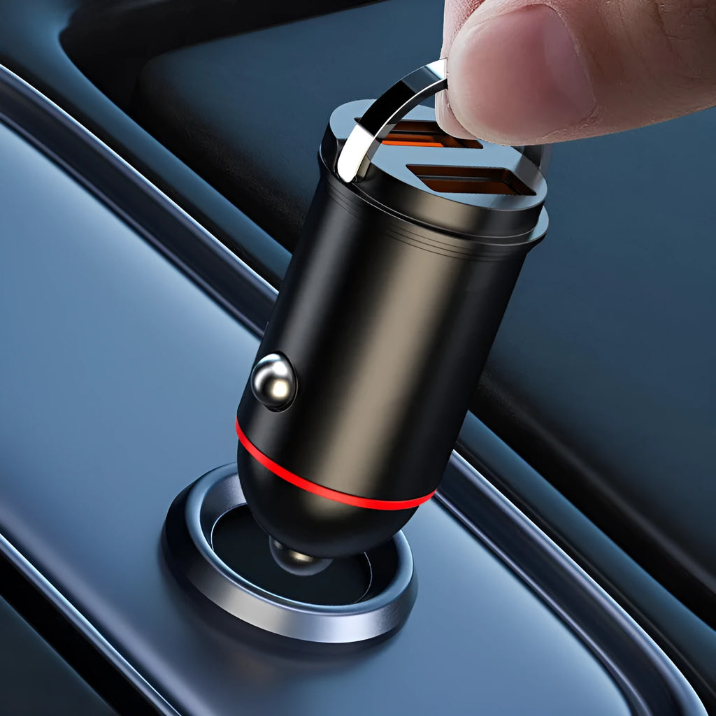Black zinc alloy car charger with USB port, showing compact dimensions for vehicle use.