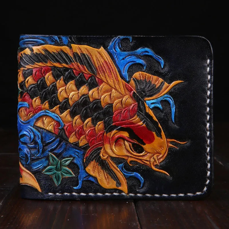 Men's blue cow leather short wallet with manual carving and open closure.