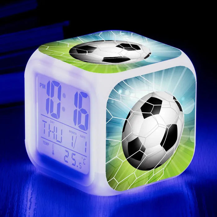 Football pattern children's square alarm clock with digital display and mute alarm function