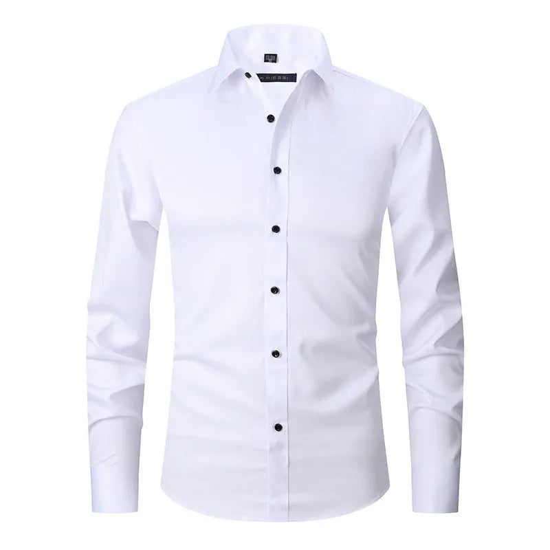 Men's stretch long sleeve polyester work shirt on a hanger, showing button front and long sleeves.