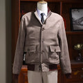 Men's brown tweed short stand-collar single-breasted coat with 70% wool, slim-fit front view