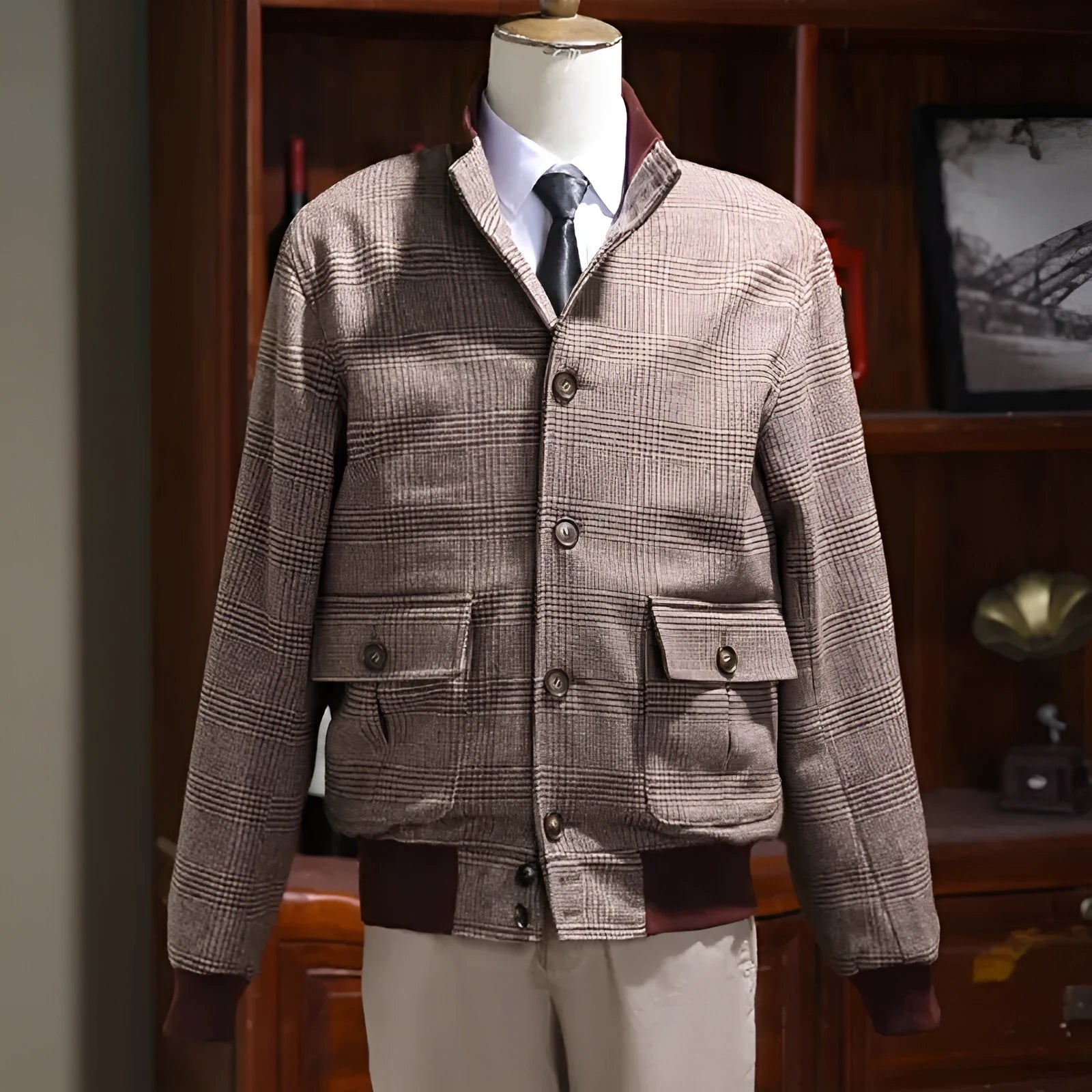 Men's brown tweed short stand-collar single-breasted coat with 70% wool, slim-fit front view