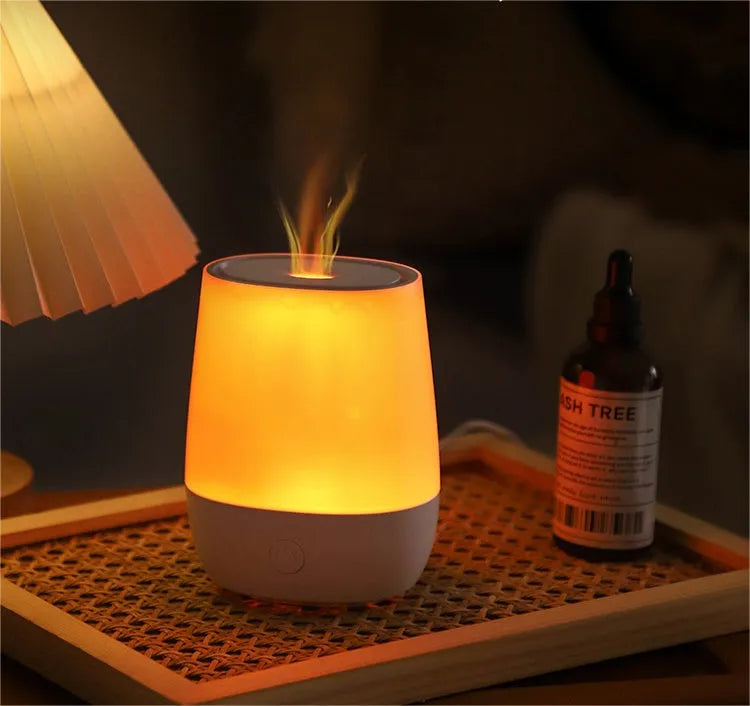 White USB aroma diffuser with flame simulation effect showing dimensions and Type-C charging port