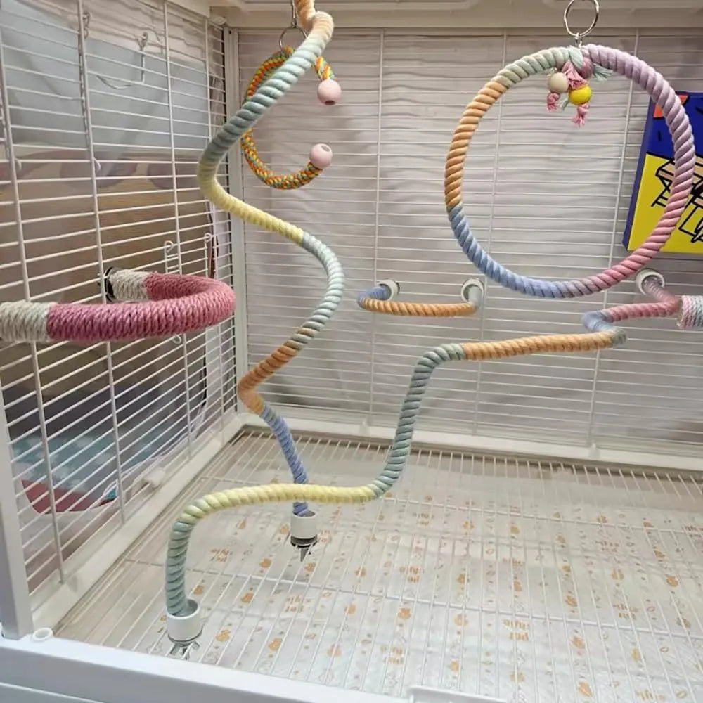 Gradient colour bird rope perch with U-shape and circular swing on a cage