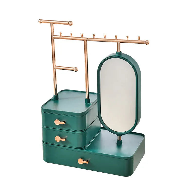 Light luxury cosmetics storage box with mirror in Pearl White, 27x17x18cm plastic desktop organiser