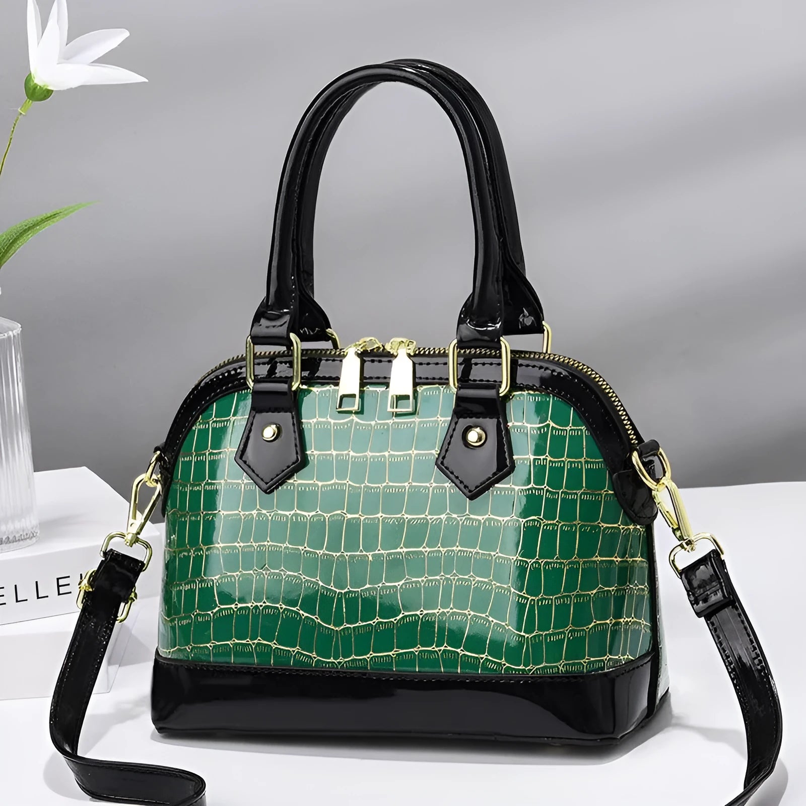Women's shell-shaped PU top handle crossbody bag, solid colour, patent finish, metal accent, large size, zipper closure