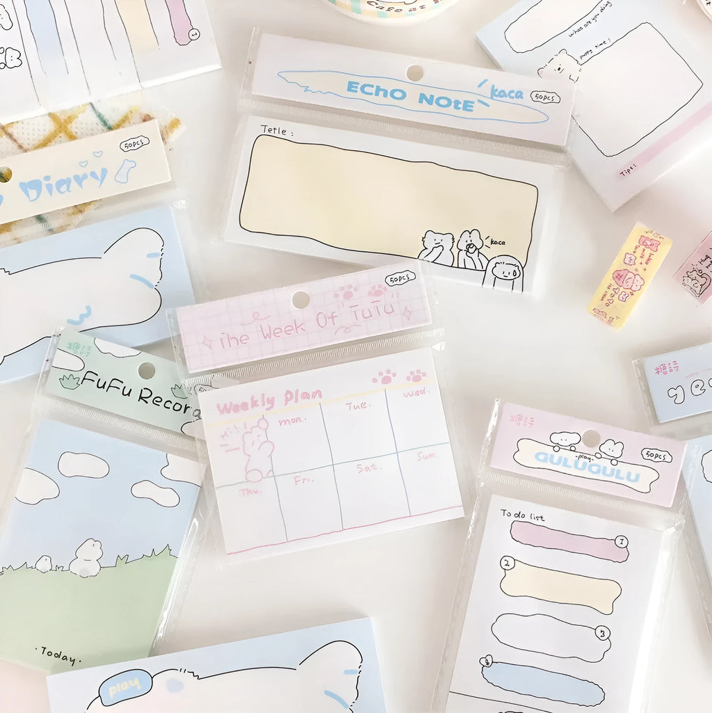 Cartoon heart design sticky notes set showing six styles including Echo Notes and Rabbit Weekly Notes