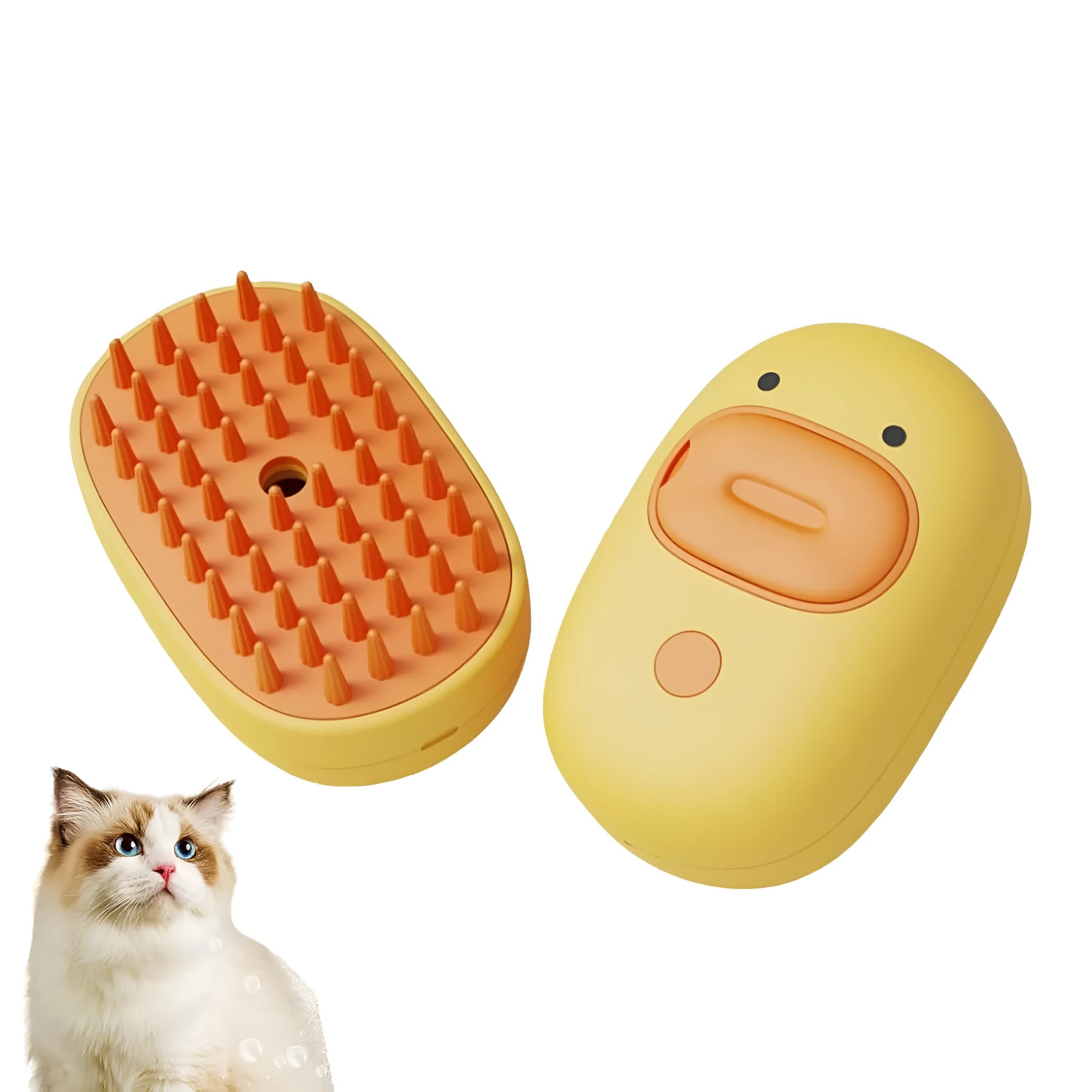 White and yellow rechargeable steam brush for grooming cats and dogs on a plain background