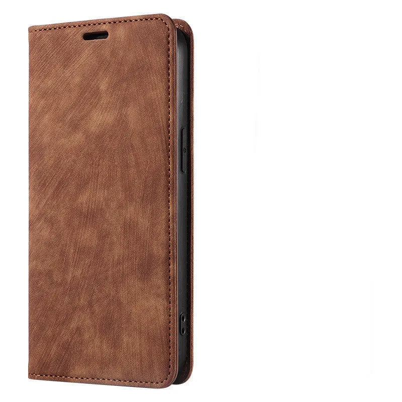 Magnetic flip leather phone case for iPhone in grey, showing front cover closed.