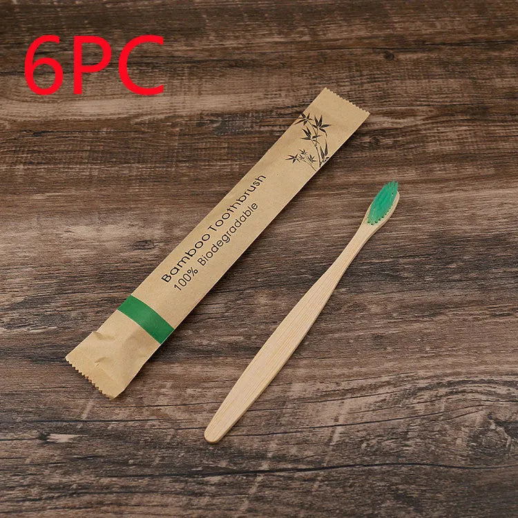 Set of 10 bamboo toothbrushes in six colours with soft charcoal bristles
