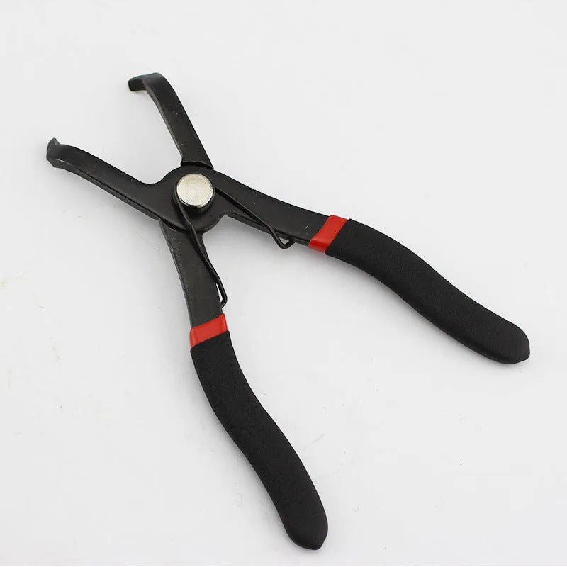 Red round nail removal pliers with PVC handles for automotive door panel and trim work