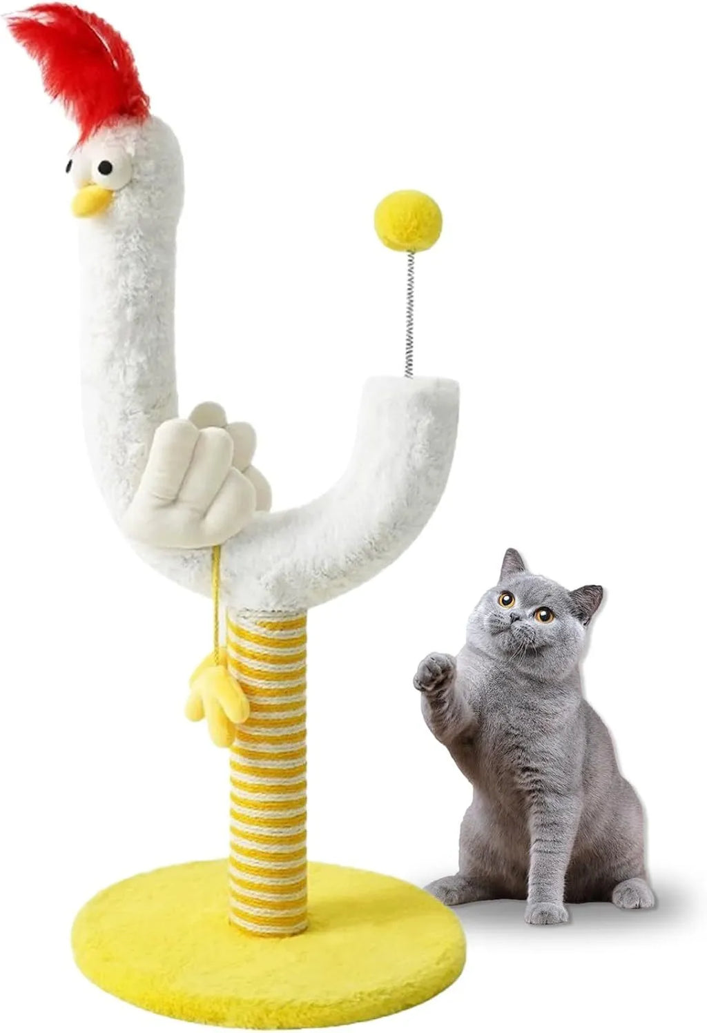 Sisal vertical cat scratching post with chicken strip pattern and spring ball, 88cm tall