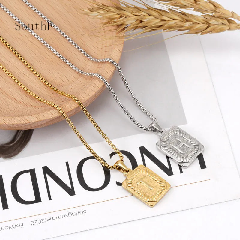 Gold-plated 18K titanium steel letter pendant necklace with pearl chain, gold colour, unisex design