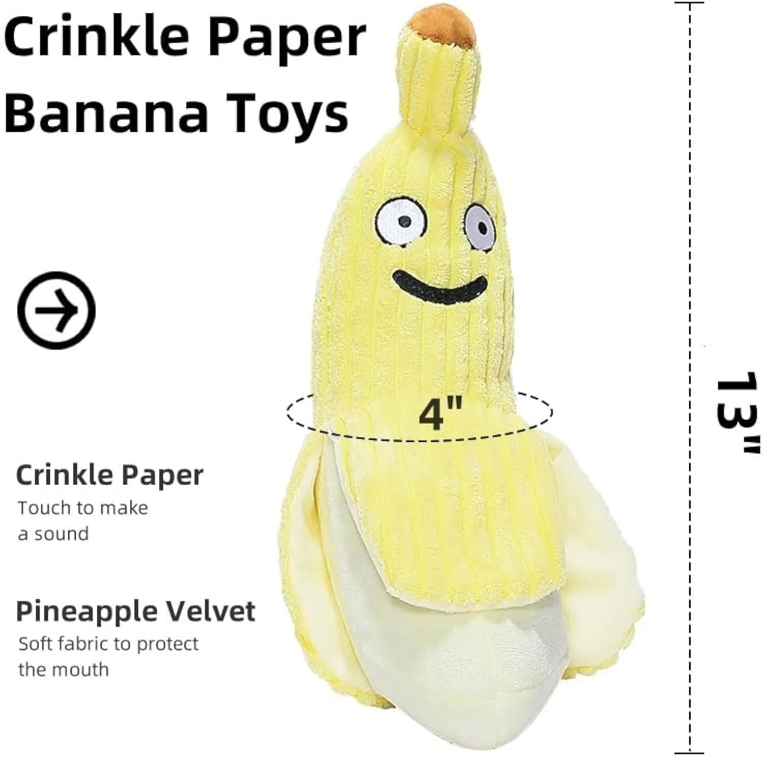 Yellow banana-shaped plush cat toy with a textured velvet strip, shown next to a cat for scale.