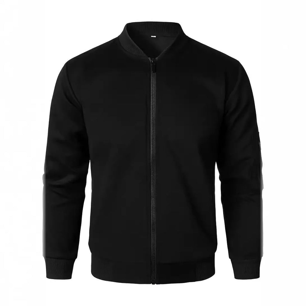Men's loose fit cotton knitted jacket with long sleeves in grey, blue, and black.