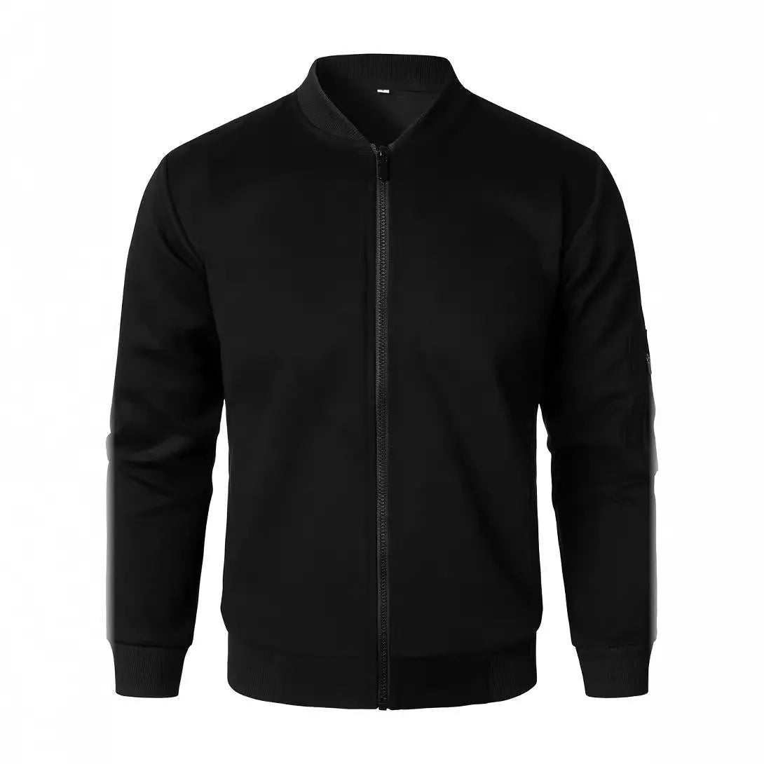 Men's loose fit cotton knitted jacket with long sleeves in grey, blue, and black.