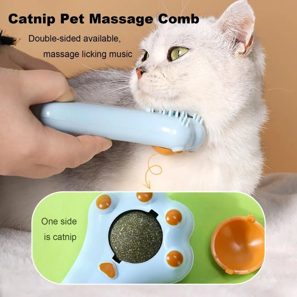 Blue dual-purpose cat massage comb and dental toy with cartoon design and catnip