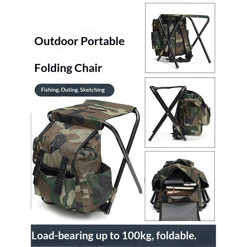 Camouflage foldable backpack stool made from Oxford cloth and carbon steel for outdoor camping