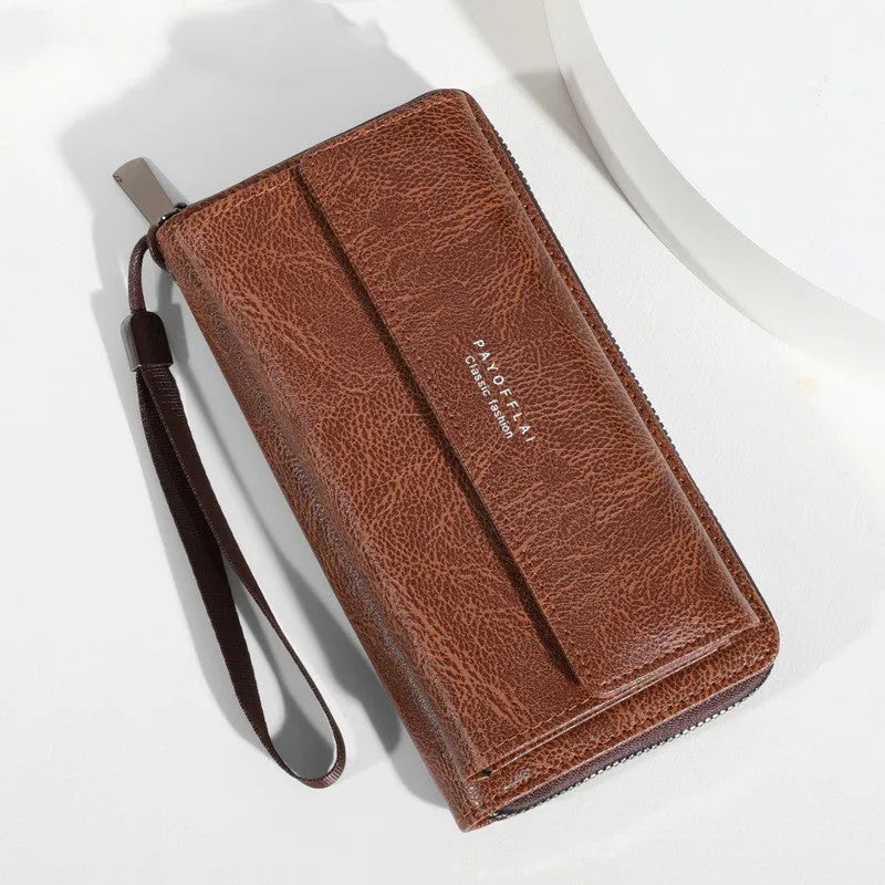 Men's PU leather wallet with multiple card slots in casual long design showing black colour option
