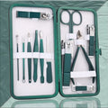 Emerald green manicure pedicure set in case with stainless steel and carbon steel nail clippers