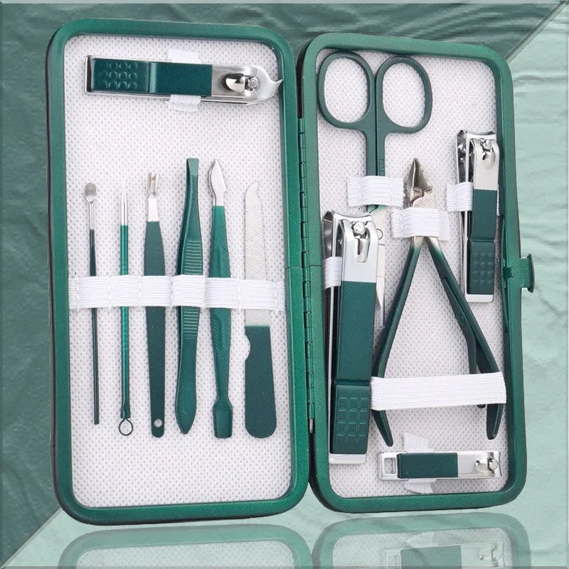 Emerald green manicure pedicure set in case with stainless steel and carbon steel nail clippers