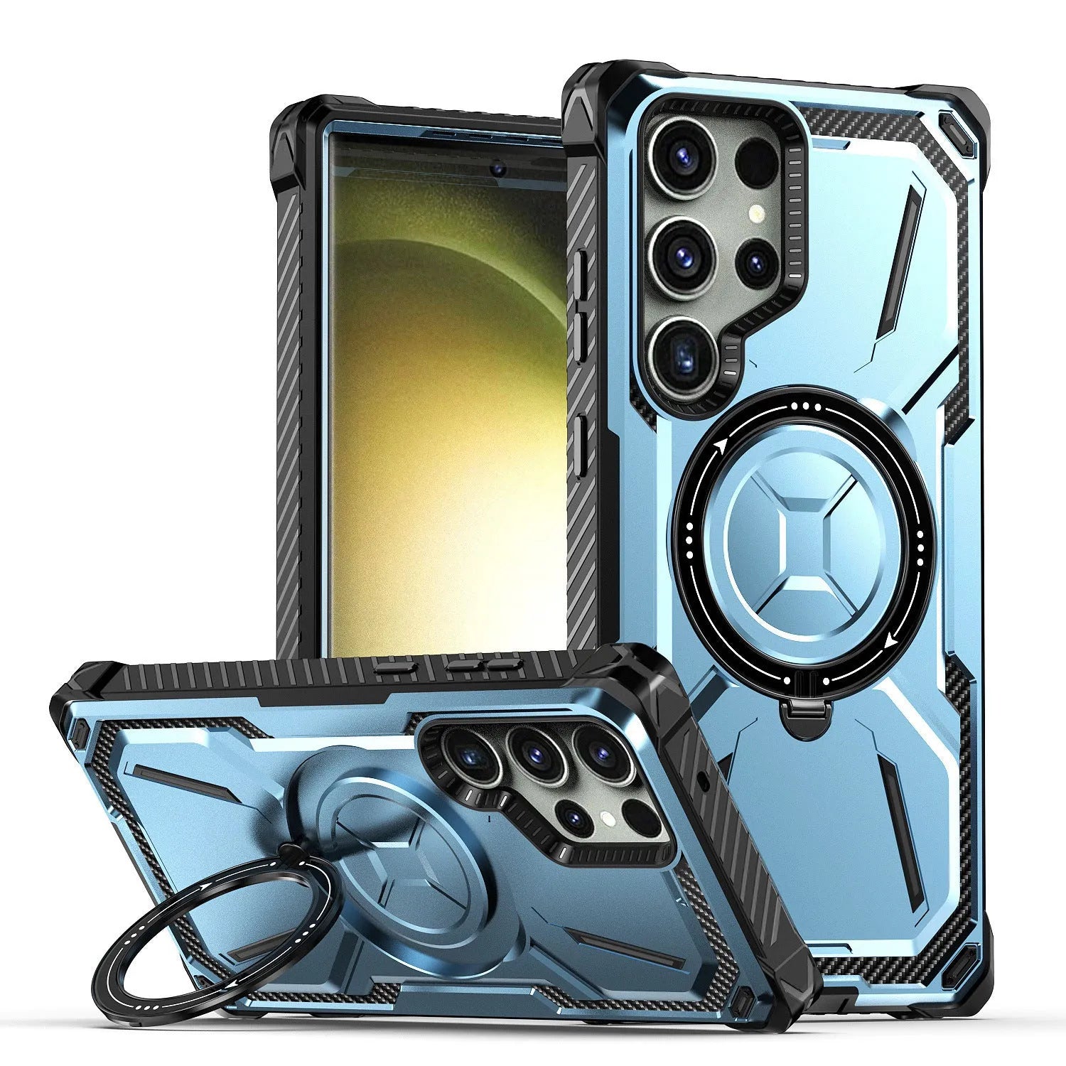 Magnetic phone case ring drop-resistant protective cover with bracket in black for Apple Samsung