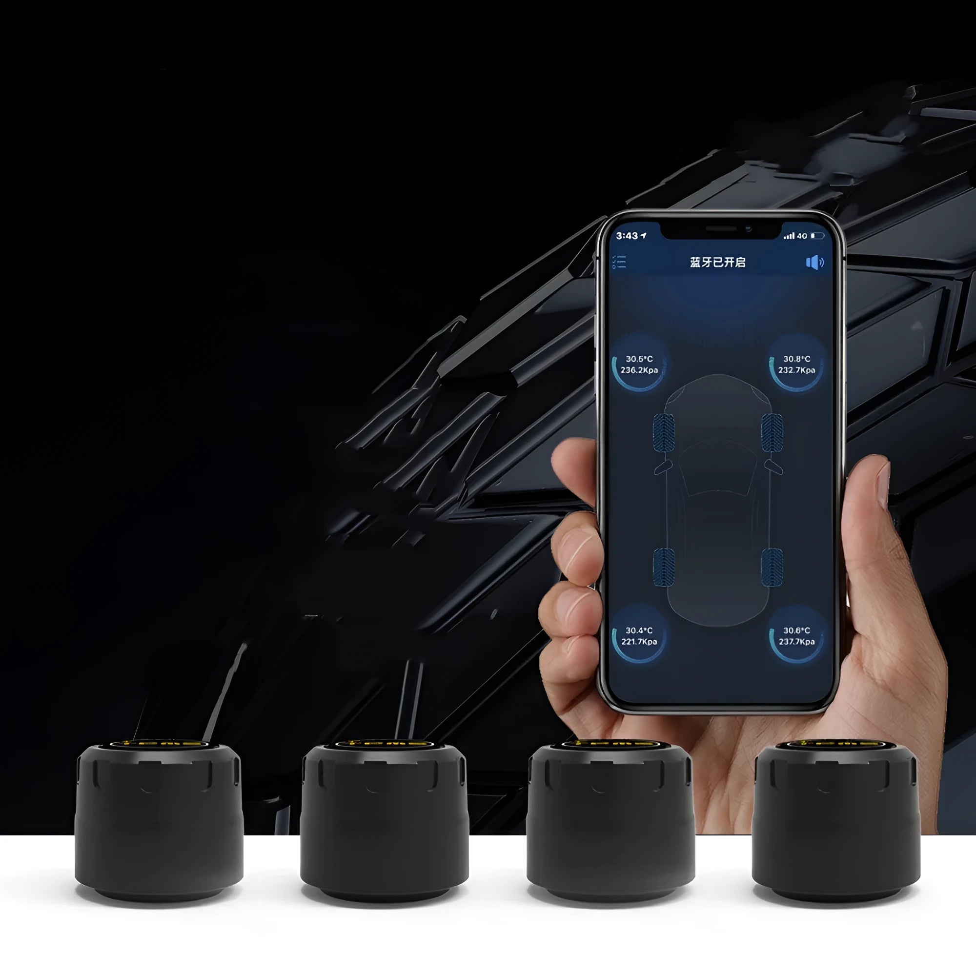 Black Bluetooth 5.0 tyre pressure monitor sensors with wrench and anti-theft screws