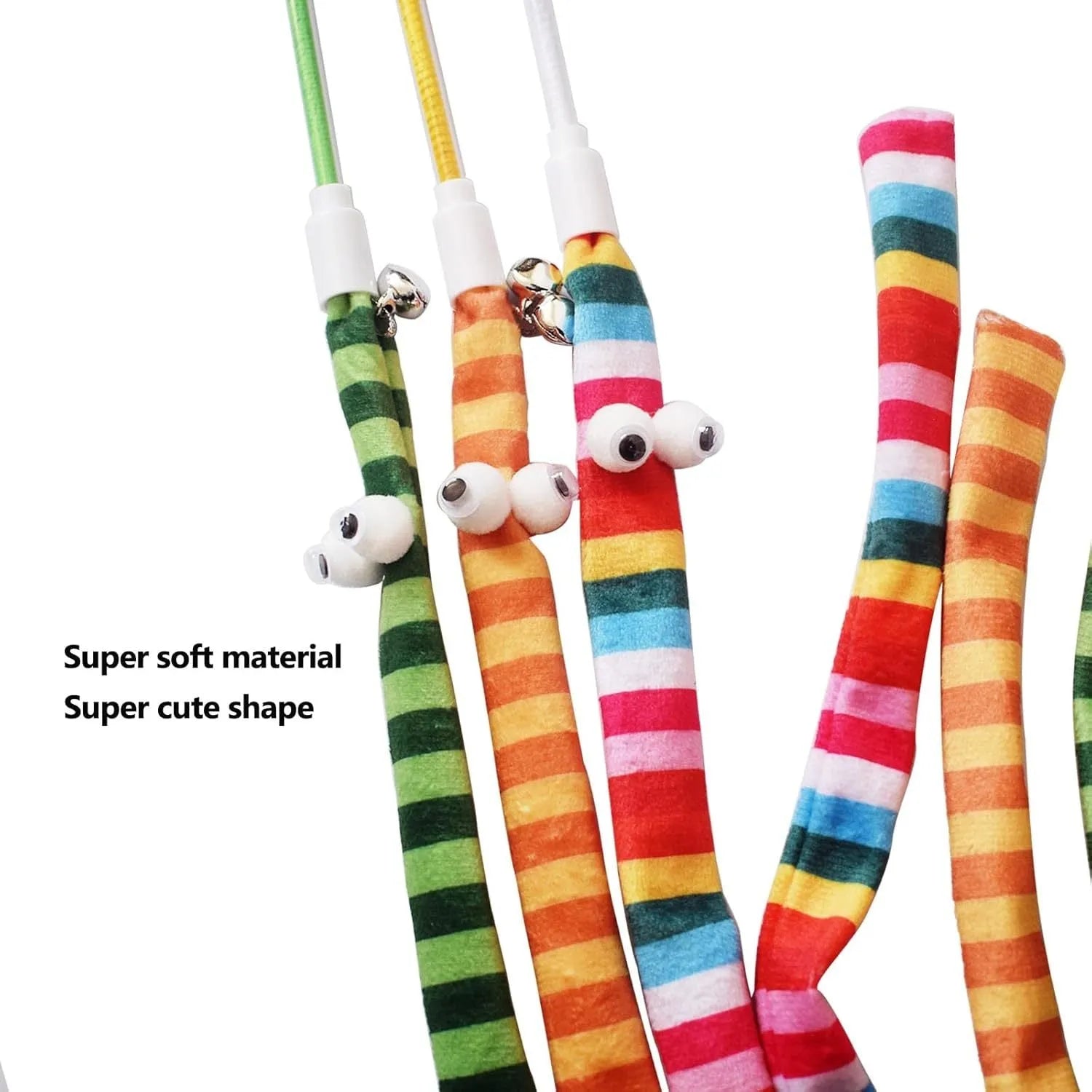 Colourful cat wand toy with a long plush strip teaser and bell, held by a polycarbonate handle.