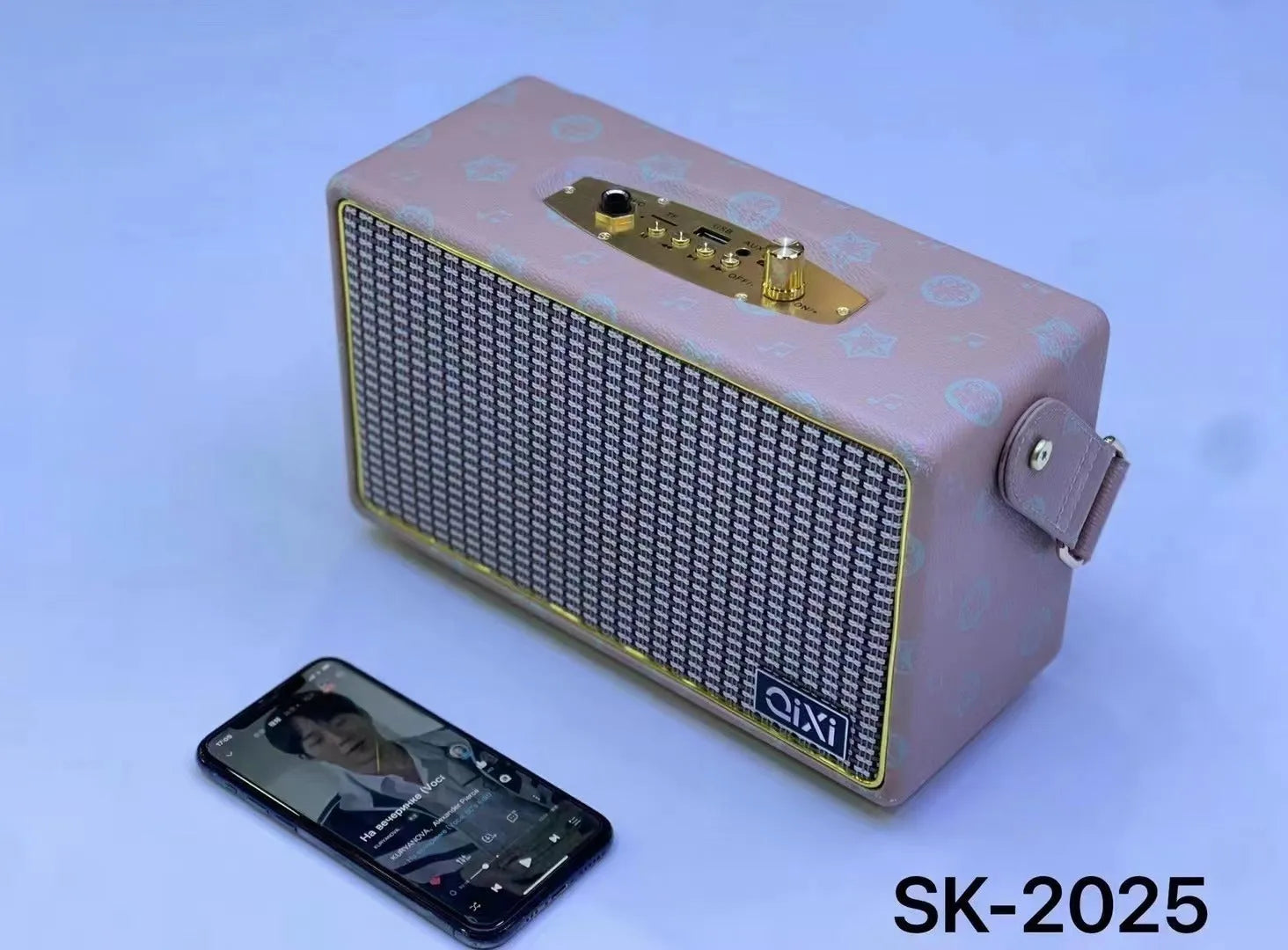 Red leather pattern mini portable Bluetooth speaker card design with dual speakers and microphone option
