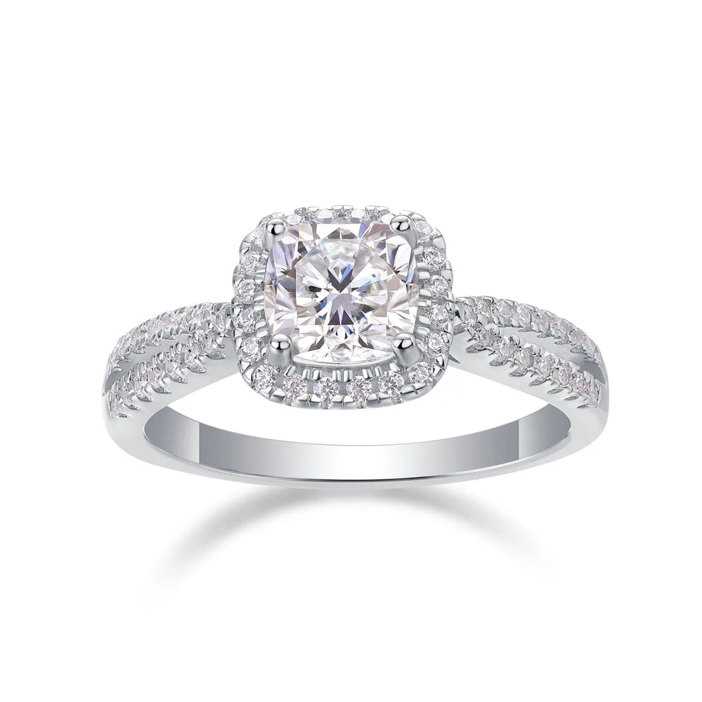 Moissanite wedding ring set with square 6x6mm stone, platinum plated S925 silver, in gift box with GRA certificate