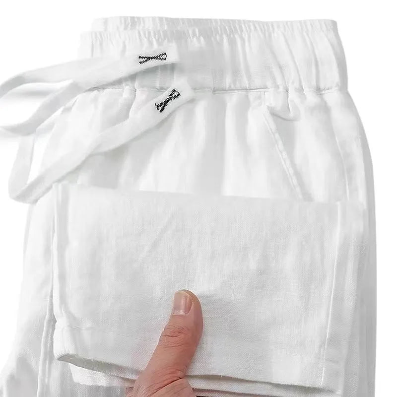 Pure linen Chinese style trousers with drawstring waist in straight leg design