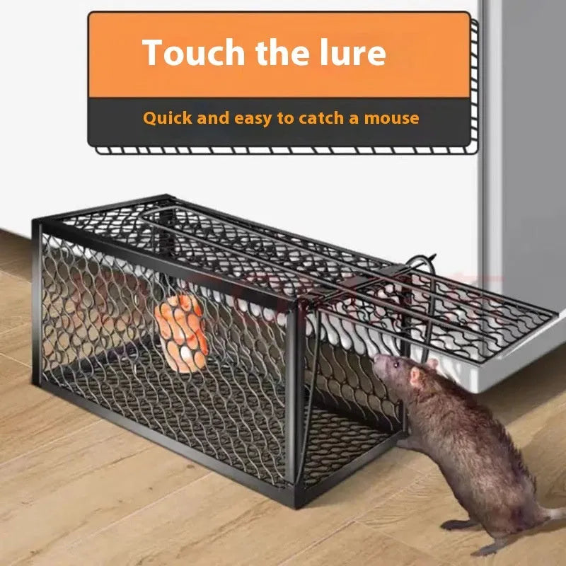 Automatic mouse cage trap showing metal and plastic construction options in small, medium, large sizes