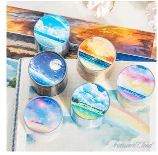Japanese paper washi tape roll with celestial sky patterns including colourful clouds and twilight, 30mm width