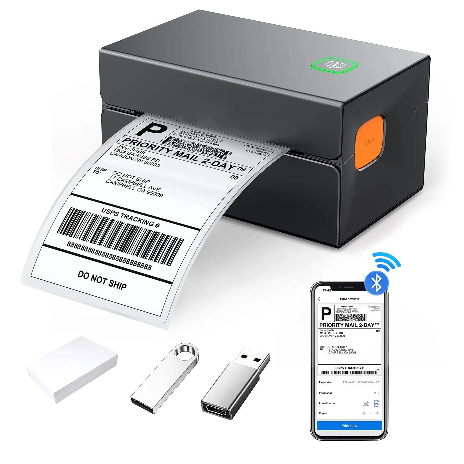 Express single machine printer for thermal labels and electronic face sheets, USB interface, black plastic and metal construction