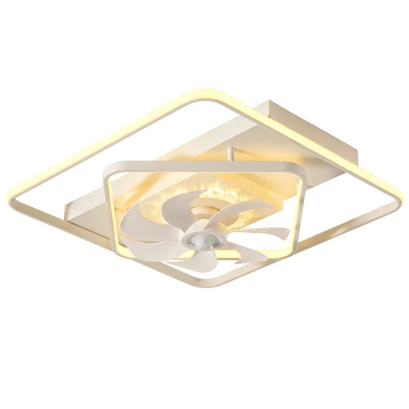 Thin suction ceiling fan with light showing plastic blades and acrylic lampshade in modern simple design