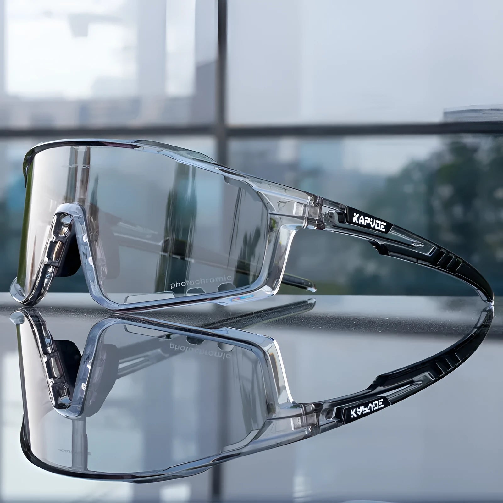 Photochromic cycling sunglasses with a semi-rimless TR90 frame shown in one of fourteen colour options.