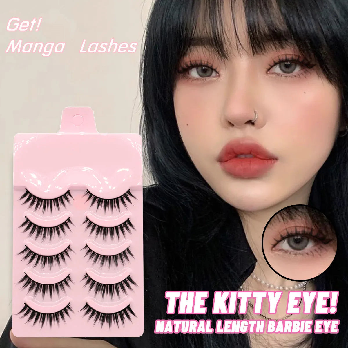 Pack of manga anime style false eyelashes showing three natural wispy designs for Korean makeup and cosplay