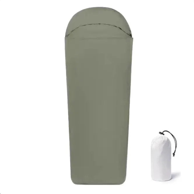 Blue adult mummy-style nylon camping sleeping bag laid out, showing its dimensions.