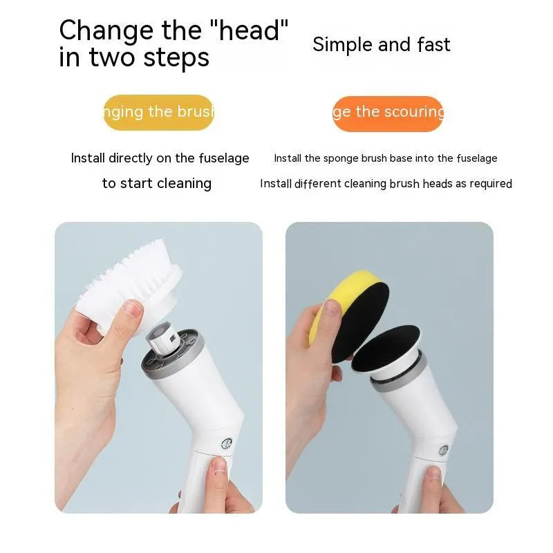 White electric scrubber cleaning brush with long telescopic handle and Type-C charging interface on a floor